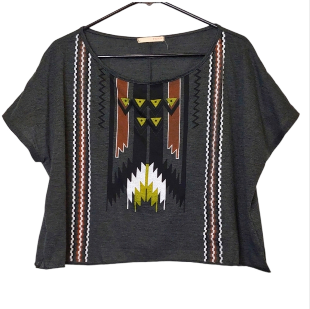 Papaya Women's Boho Gray Short Sleeve Aztec Tribal Festival Crop Top Size Medium